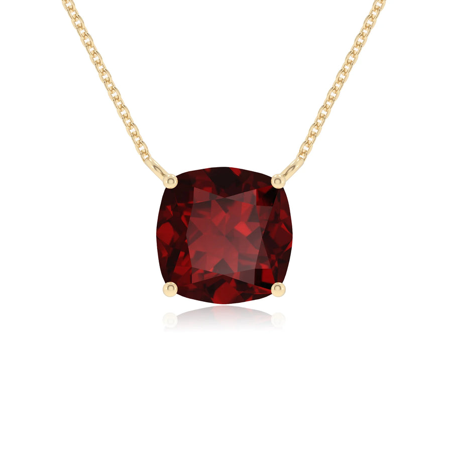 natural garnet cushion solitaire necklaces in yellow gold 