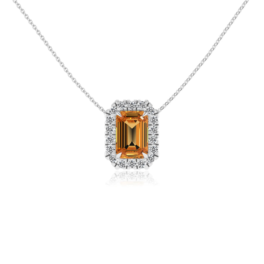 lab grown citrine emerald cut solitaire necklaces in white gold 