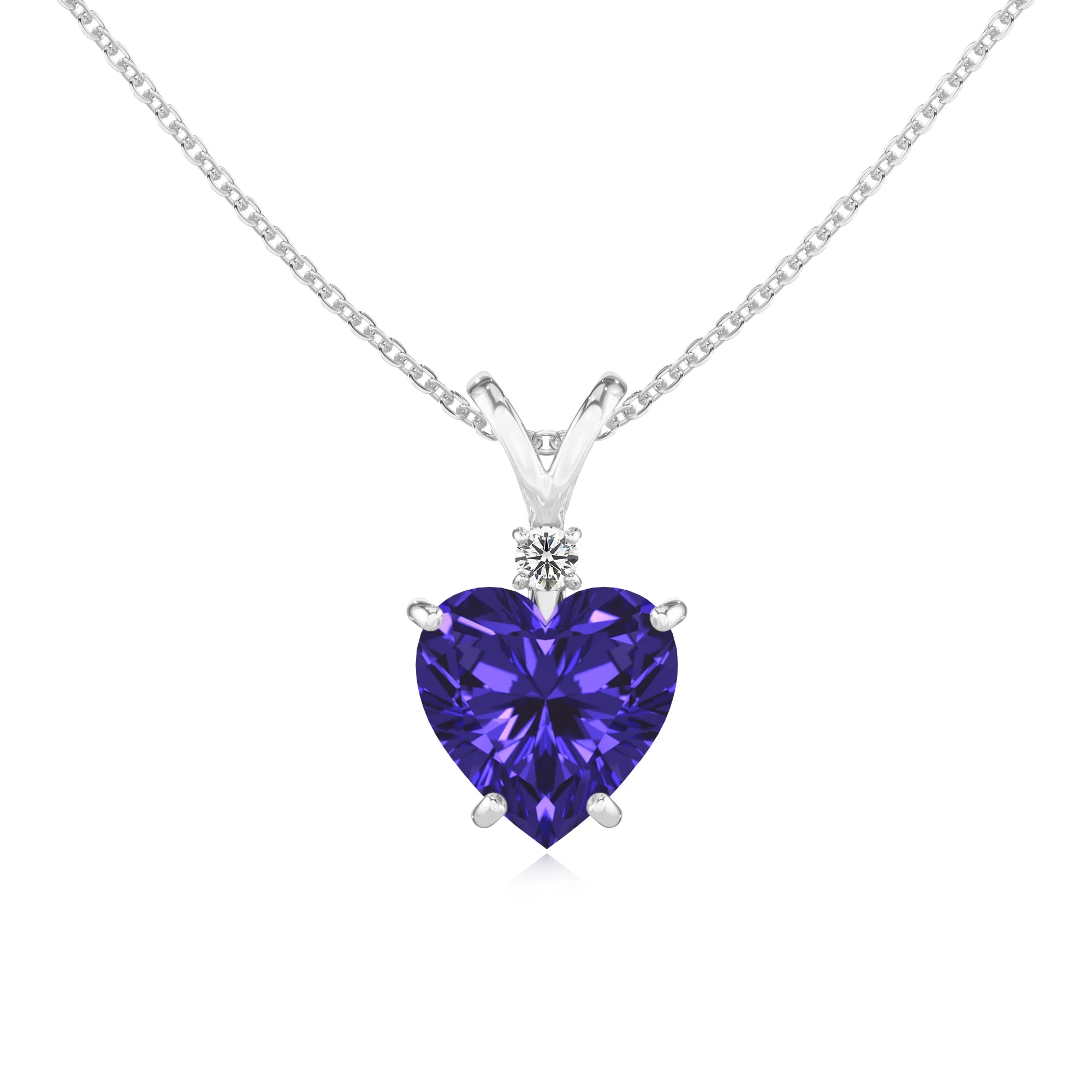 lab grown tanzanite heart solitaire v-bale necklaces in platinum 