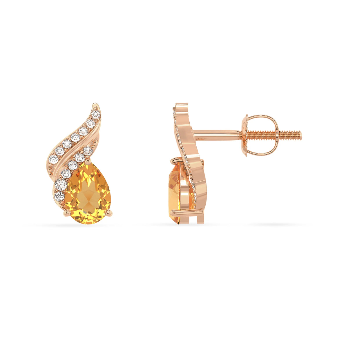 lab grown citrine pear stud earrings in rose gold 