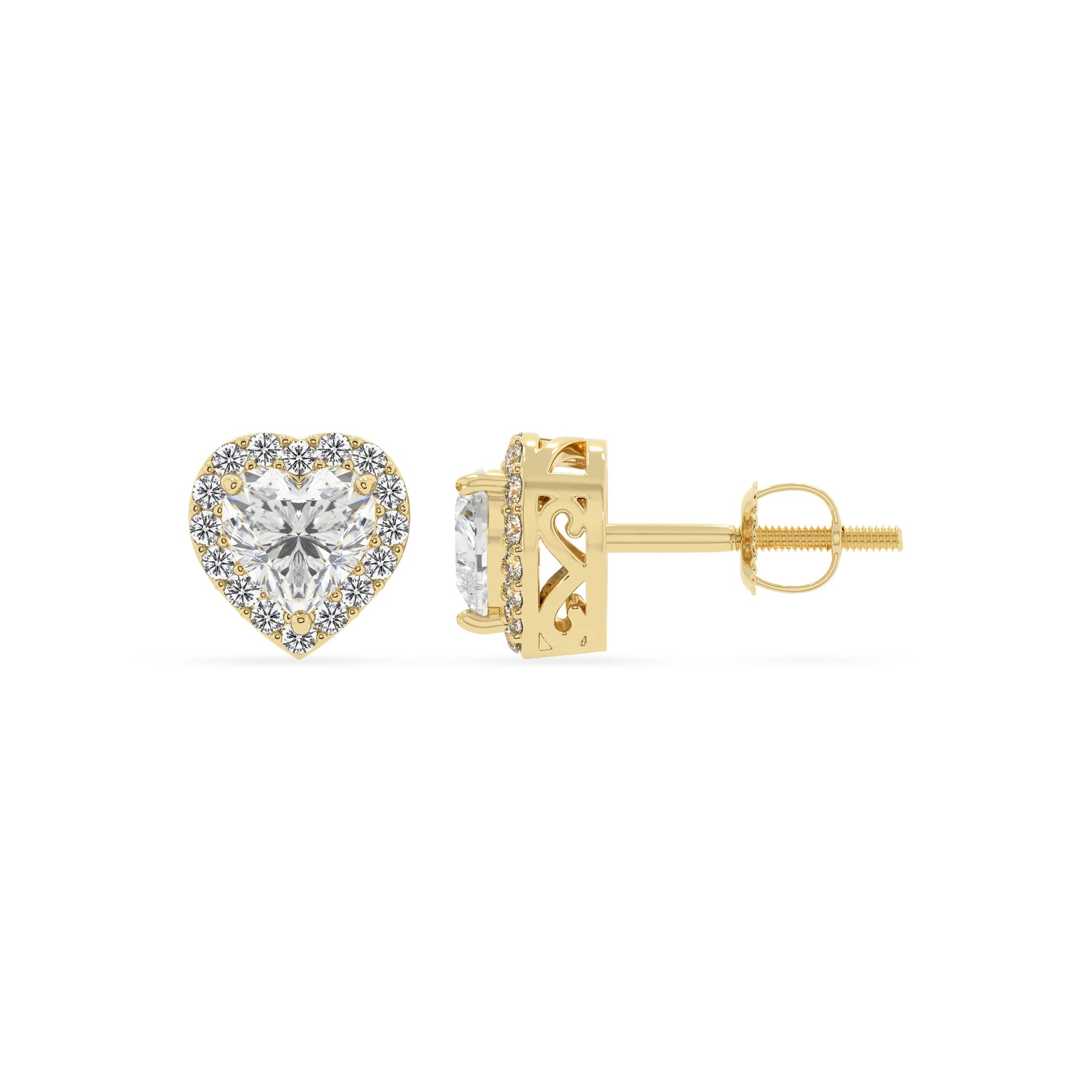 lab grown moissanite heart stud earrings in yellow gold 