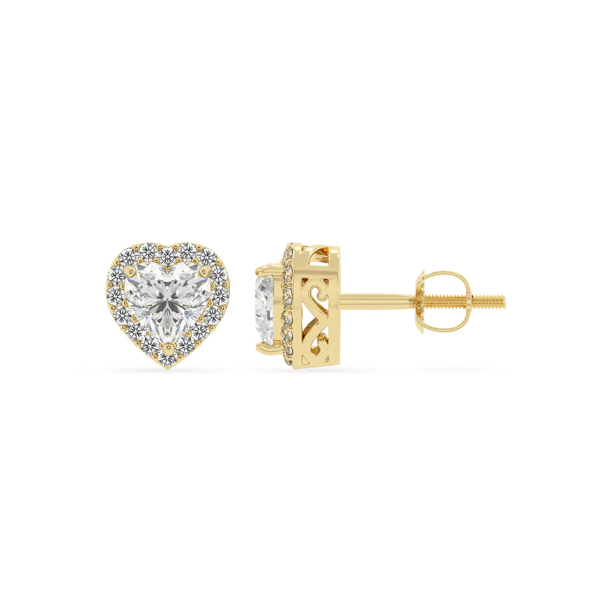 lab grown moissanite heart stud earrings in yellow gold 
