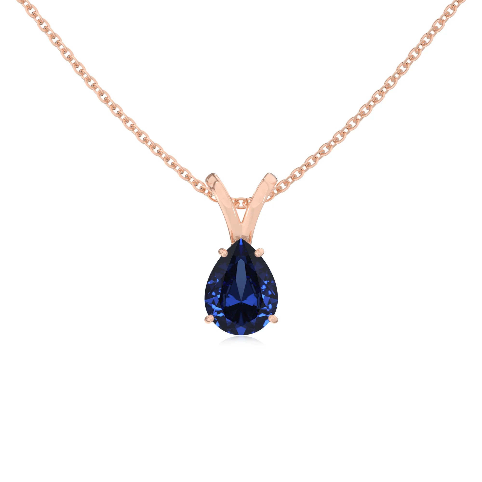 lab grown blue-sapphire pear solitaire v-bale necklaces in rose gold 