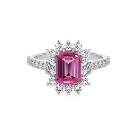 lab grown pink-sapphire emerald cut solitaire rings in white gold 
