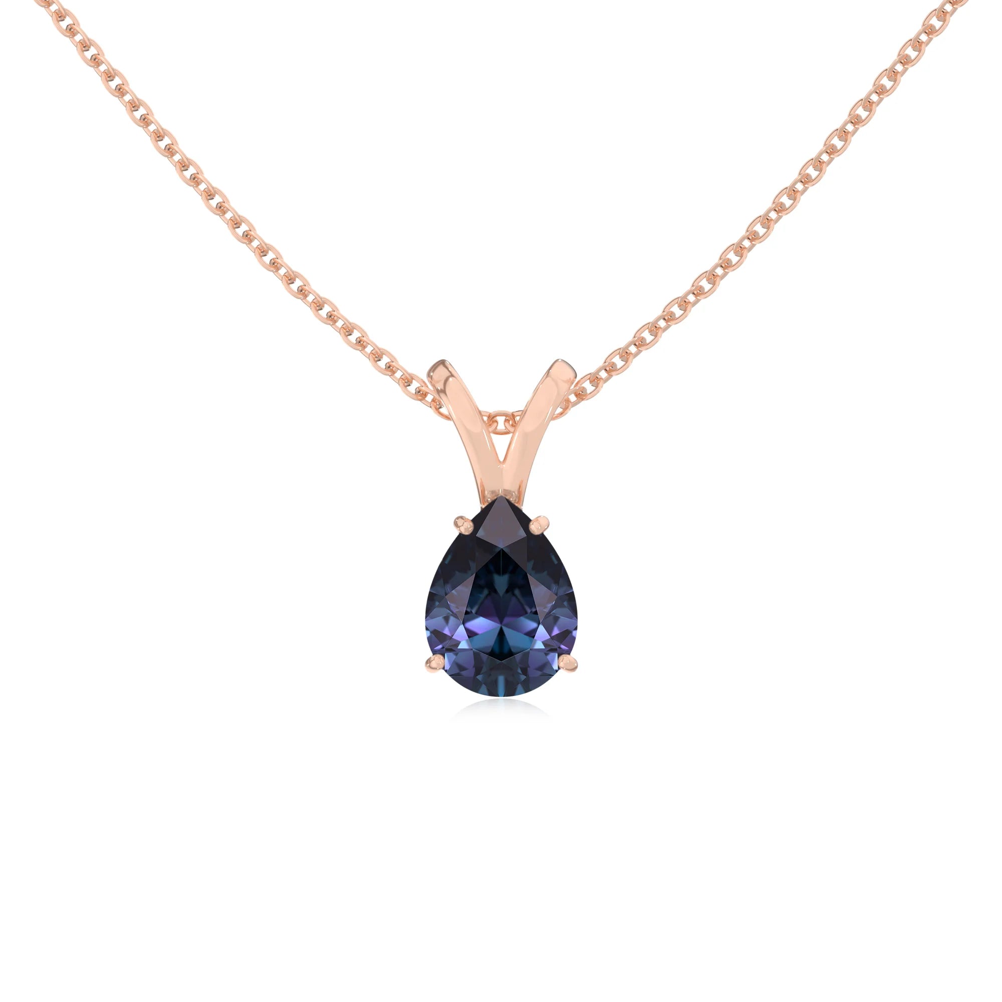 lab grown alexandrite pear solitaire v-bale necklaces in rose gold 