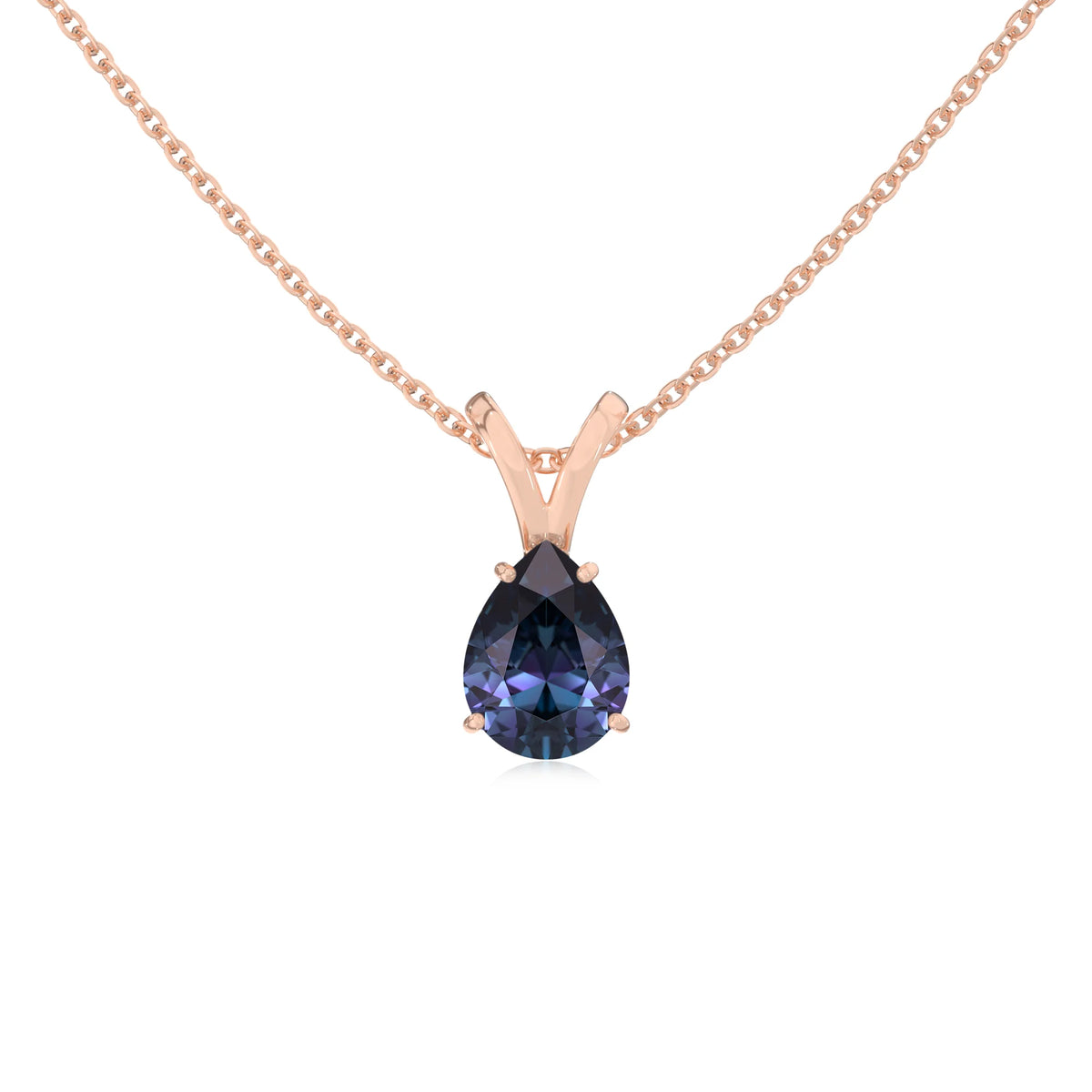 lab grown alexandrite pear solitaire v-bale necklaces in rose gold 