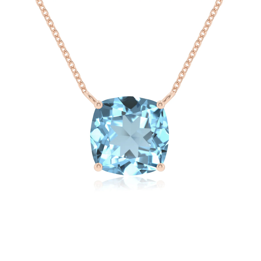 lab grown aquamarine cushion solitaire necklaces in rose gold 