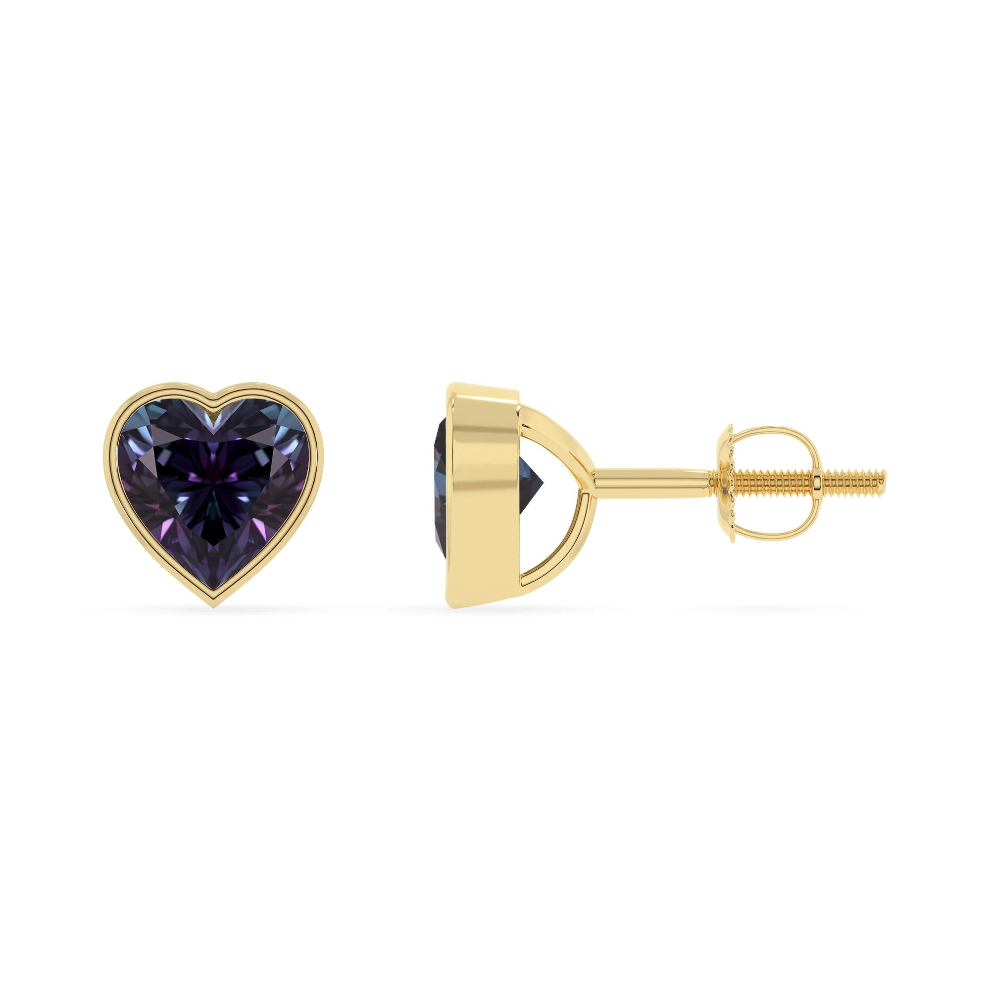 lab grown alexandrite heart stud earrings in yellow gold 