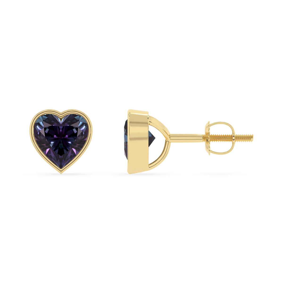 lab grown alexandrite heart stud earrings in yellow gold 