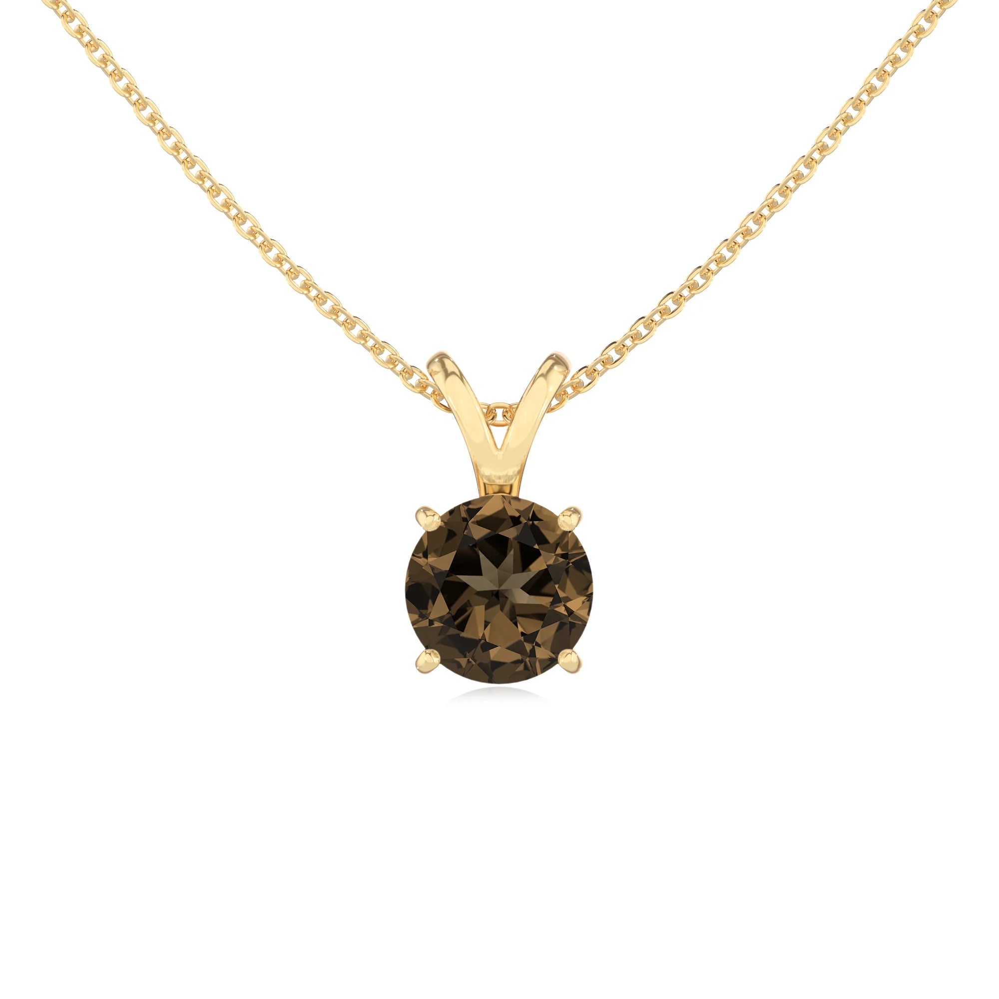 natural smoky-quartz round solitaire v-bale necklaces in yellow gold 