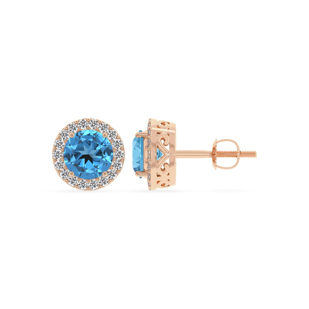 natural swiss blue topaz round stud earrings in rose gold 