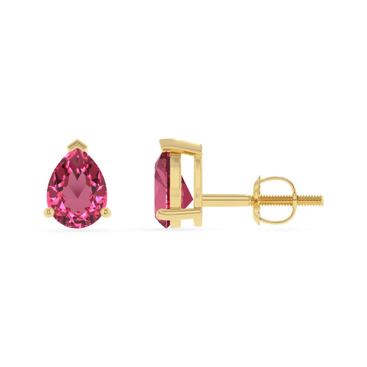 lab grown pink tourmaline pear stud earrings in yellow gold 