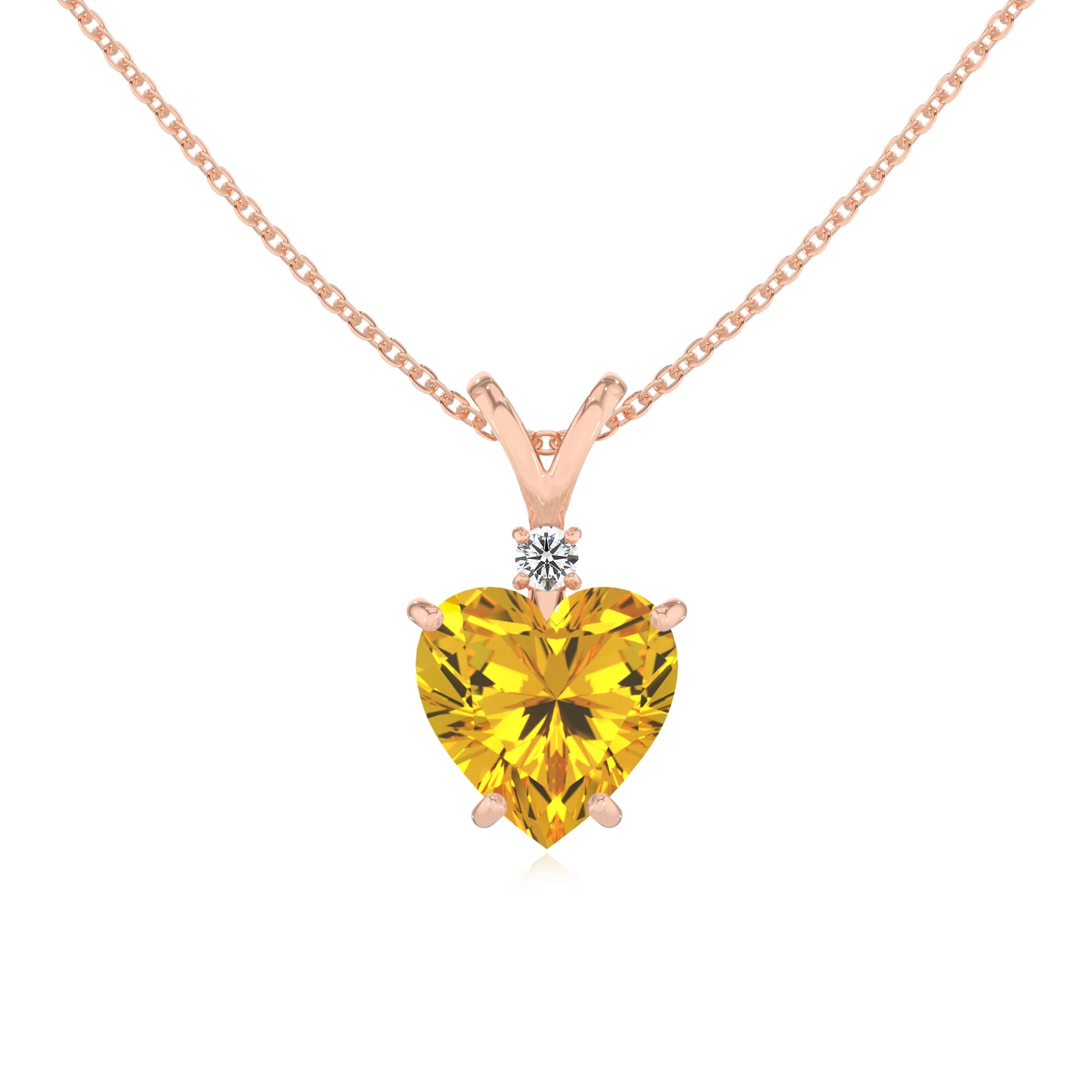 lab grown yellow-sapphire heart solitaire v-bale necklaces in rose gold 