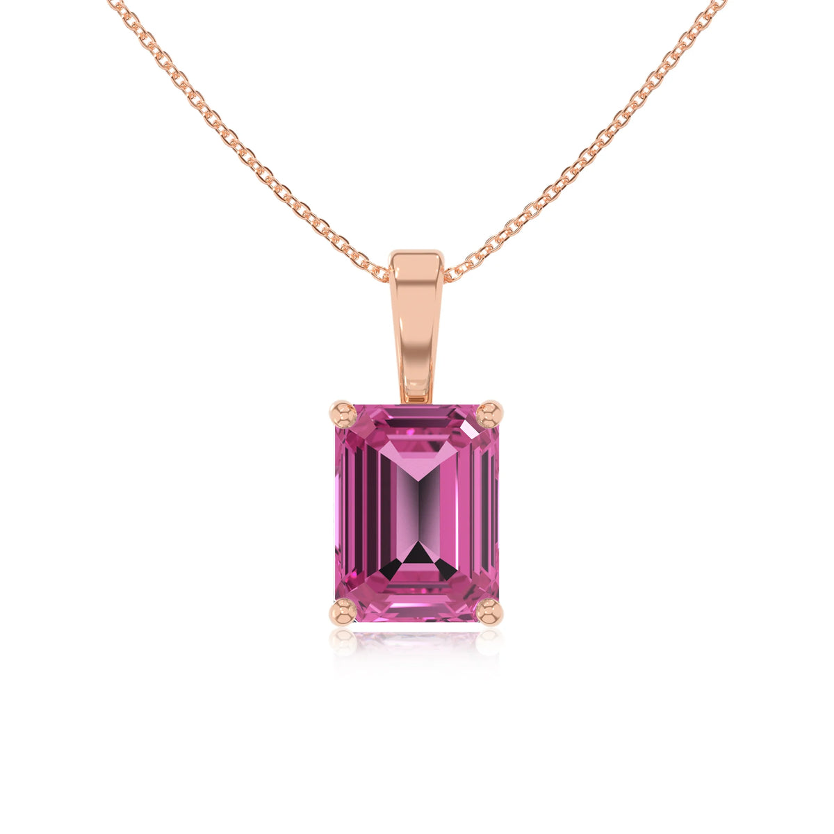 lab grown pink-sapphire emerald cut solitaire necklaces in rose gold 