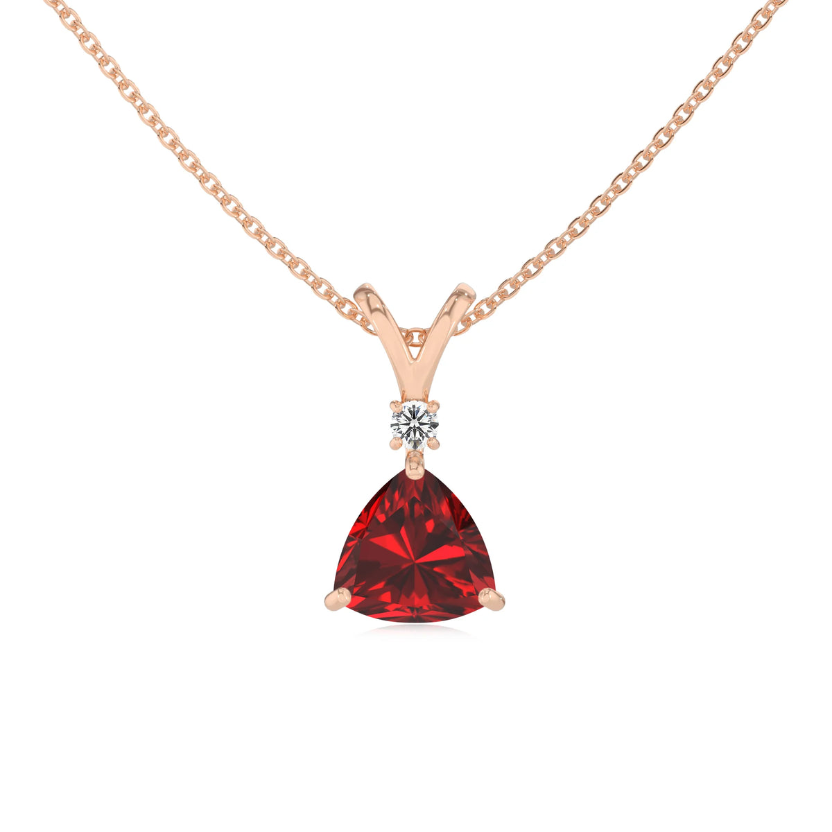 lab grown ruby trillion solitaire v-bale necklaces in rose gold 