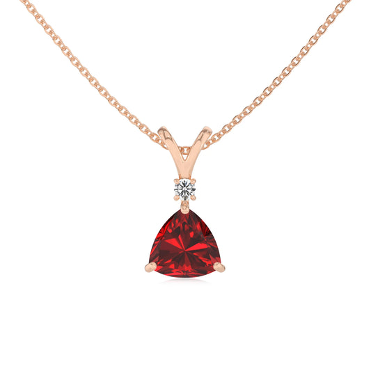 lab grown ruby trillion solitaire v-bale necklaces in rose gold 