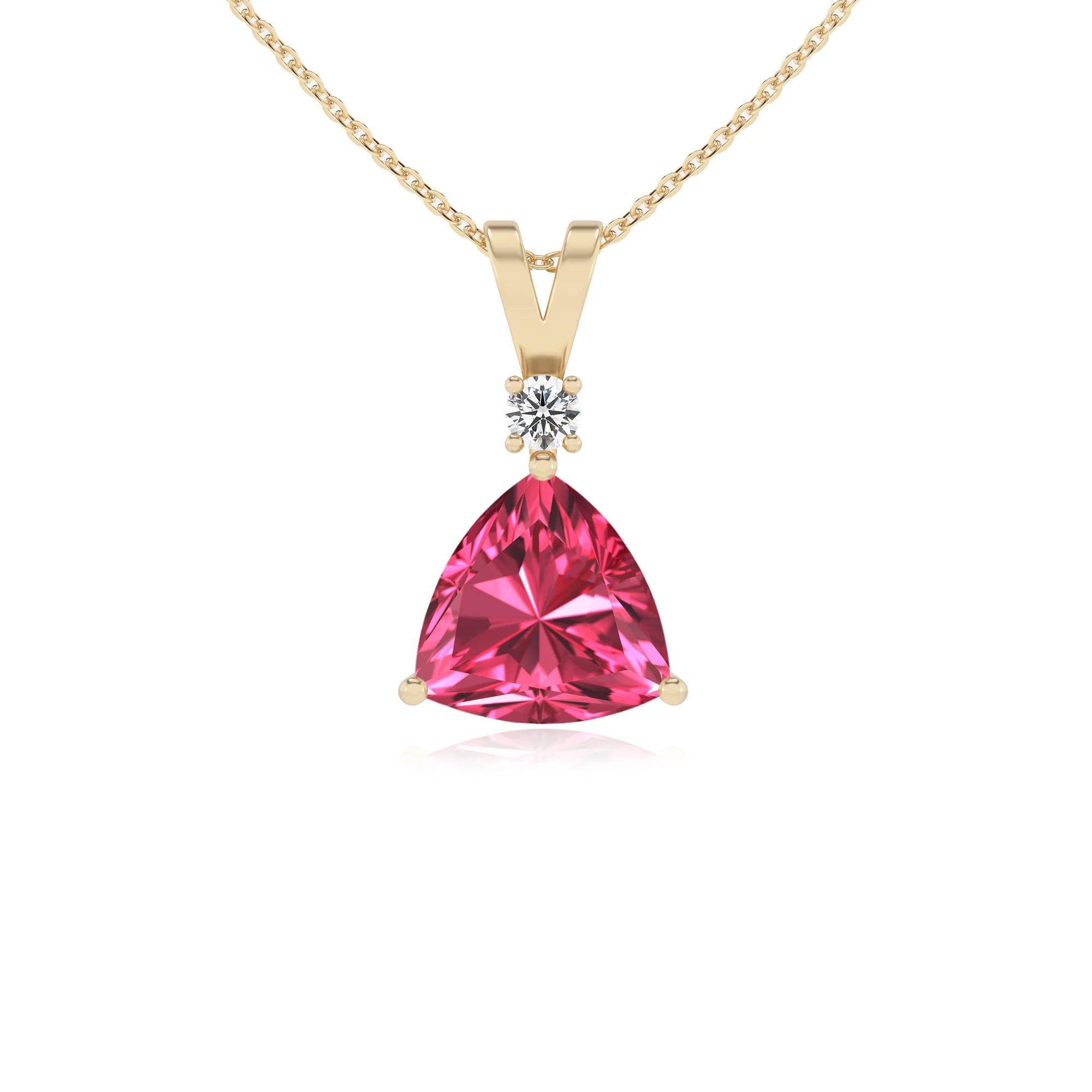lab grown pink-tourmaline trillion solitaire v-bale necklaces in yellow gold 