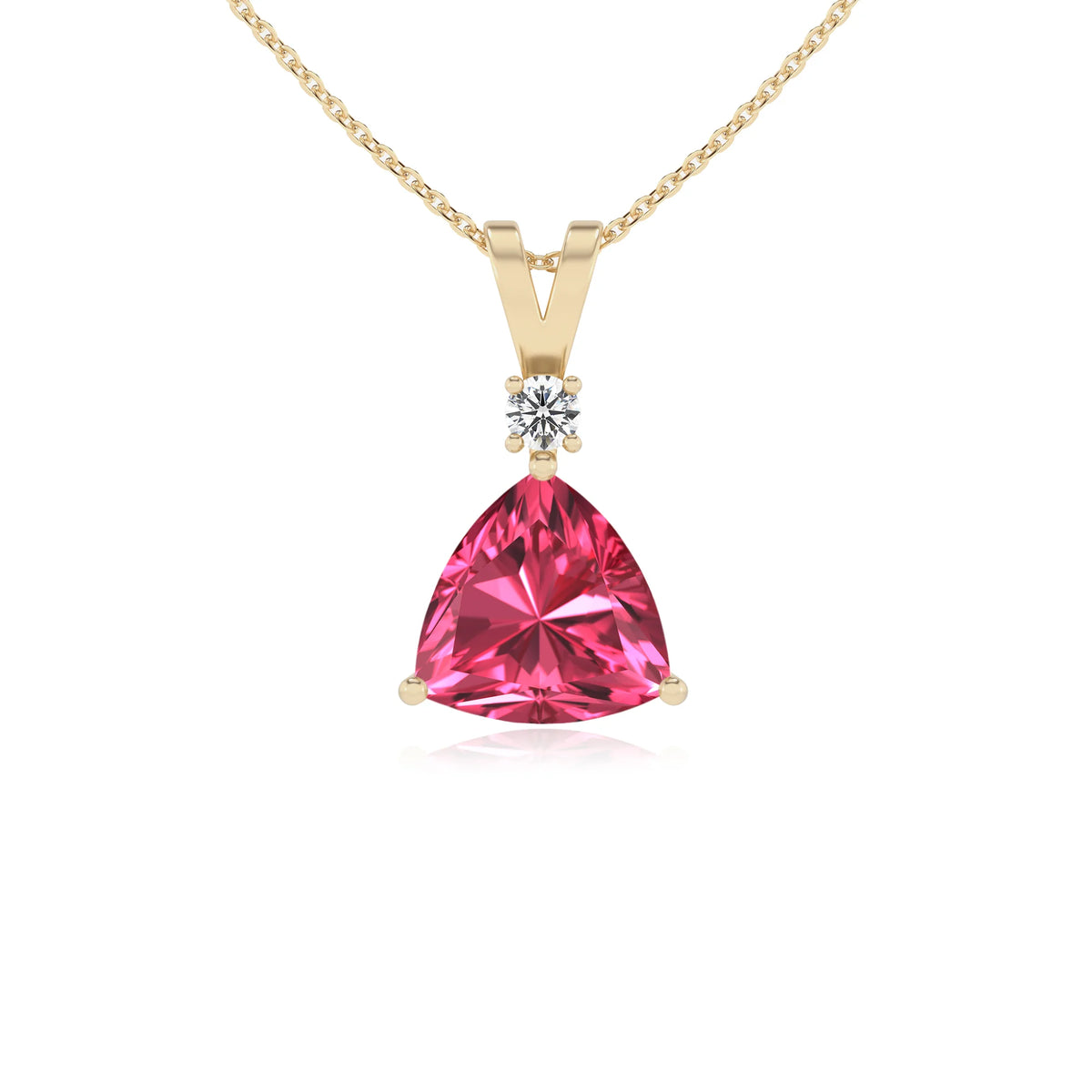 lab grown pink-tourmaline trillion solitaire v-bale necklaces in yellow gold 