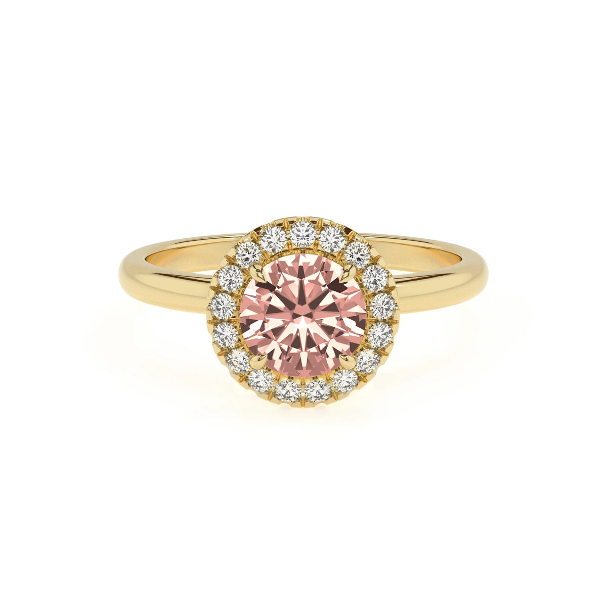lab grown morganite round solitaire rings in yellow gold 
