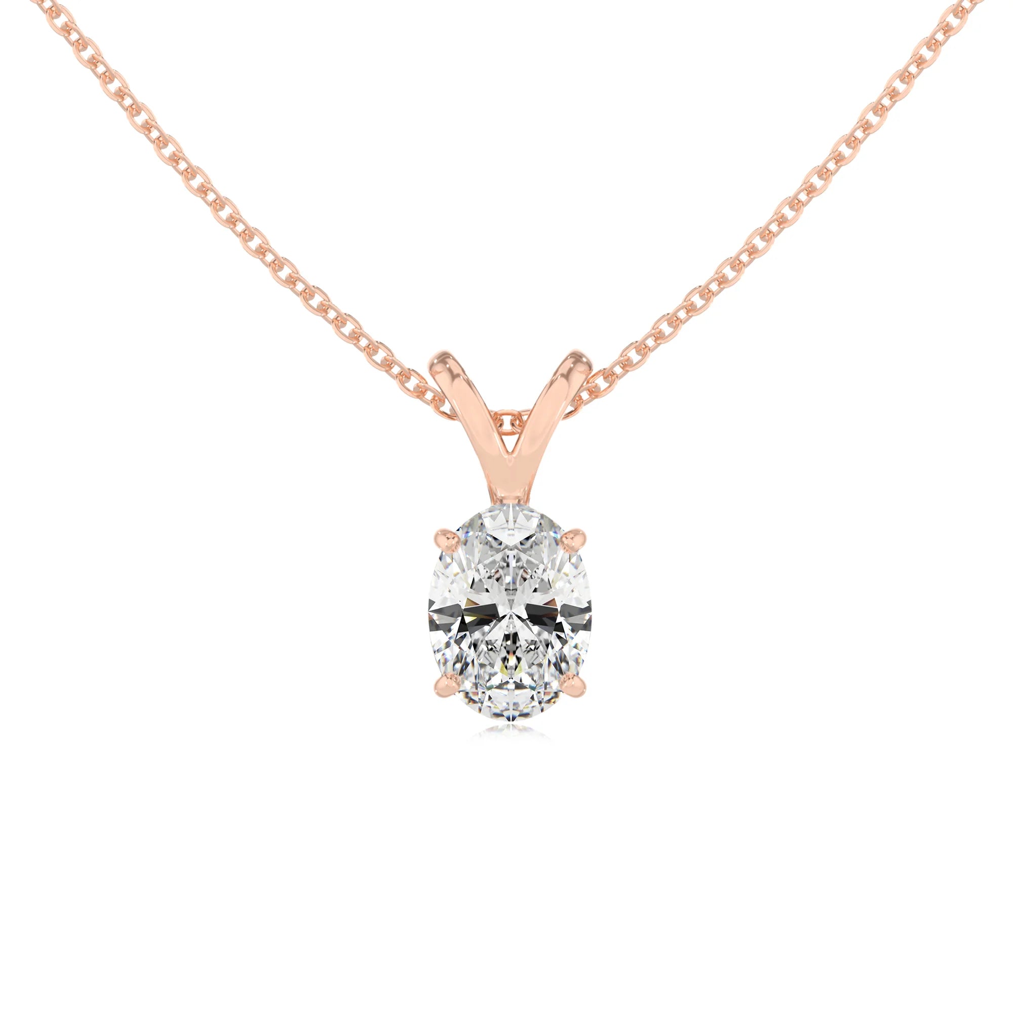 lab grown moissanite oval solitaire v-bale necklaces in rose gold 