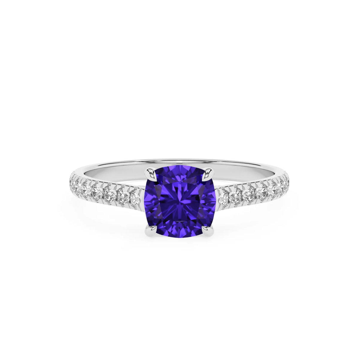 lab grown tanzanite cushion half eternity solitaire engagement rings in sterling silver 