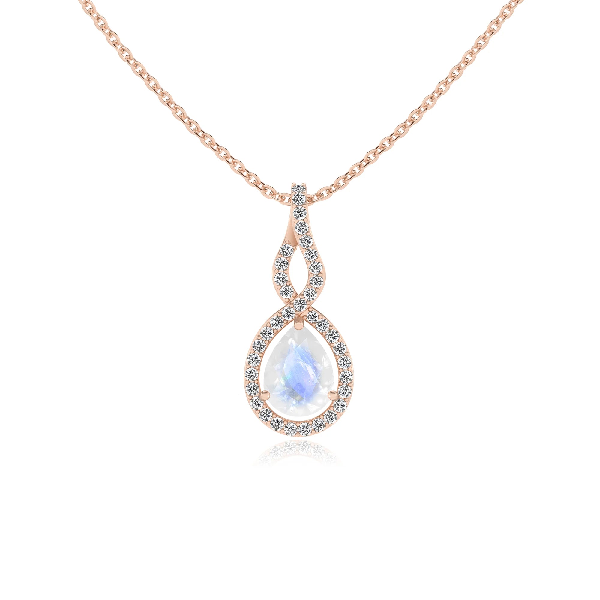natural rainbow-moonstone pear necklaces in rose gold 