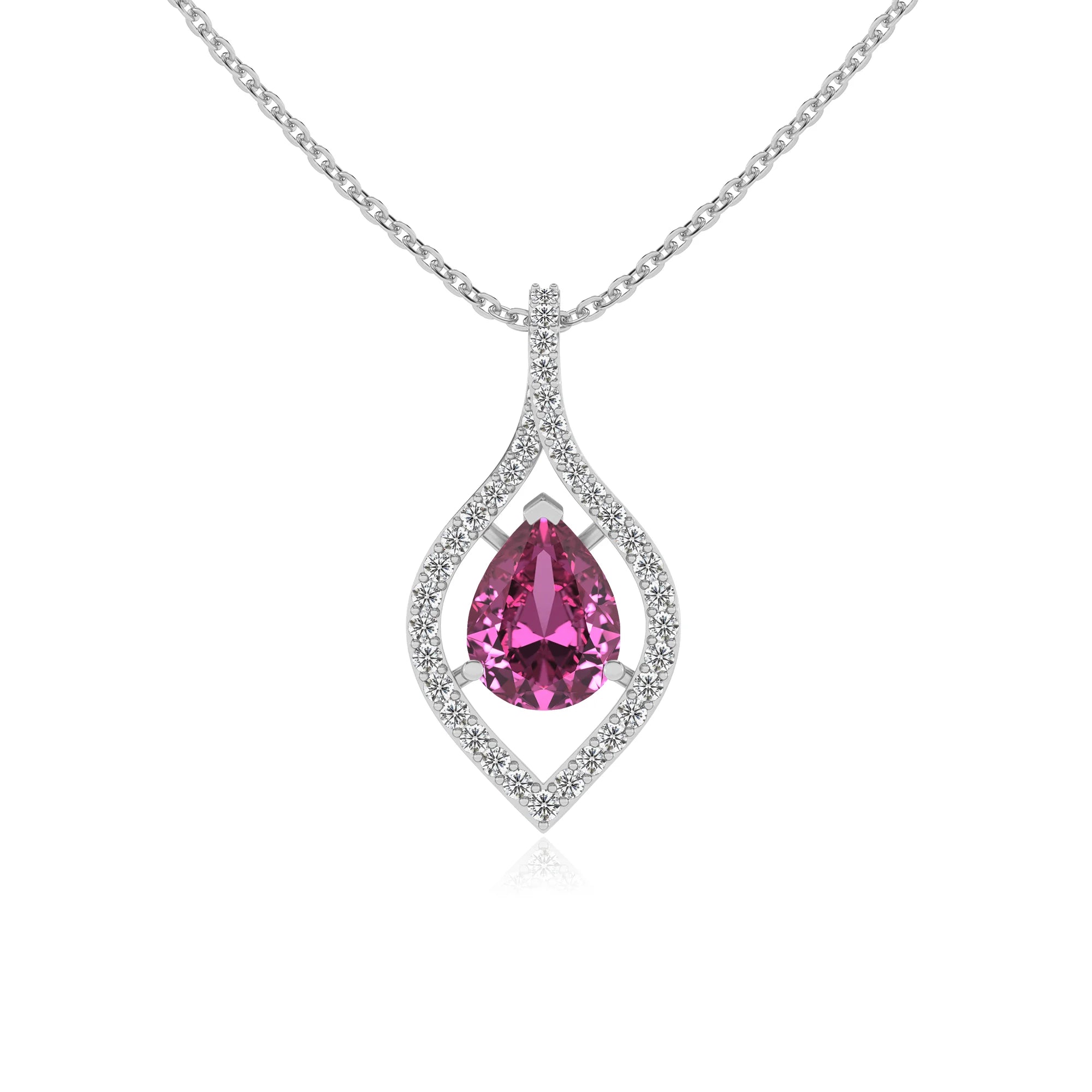 lab grown pink-sapphire pear infinity necklaces in white gold 