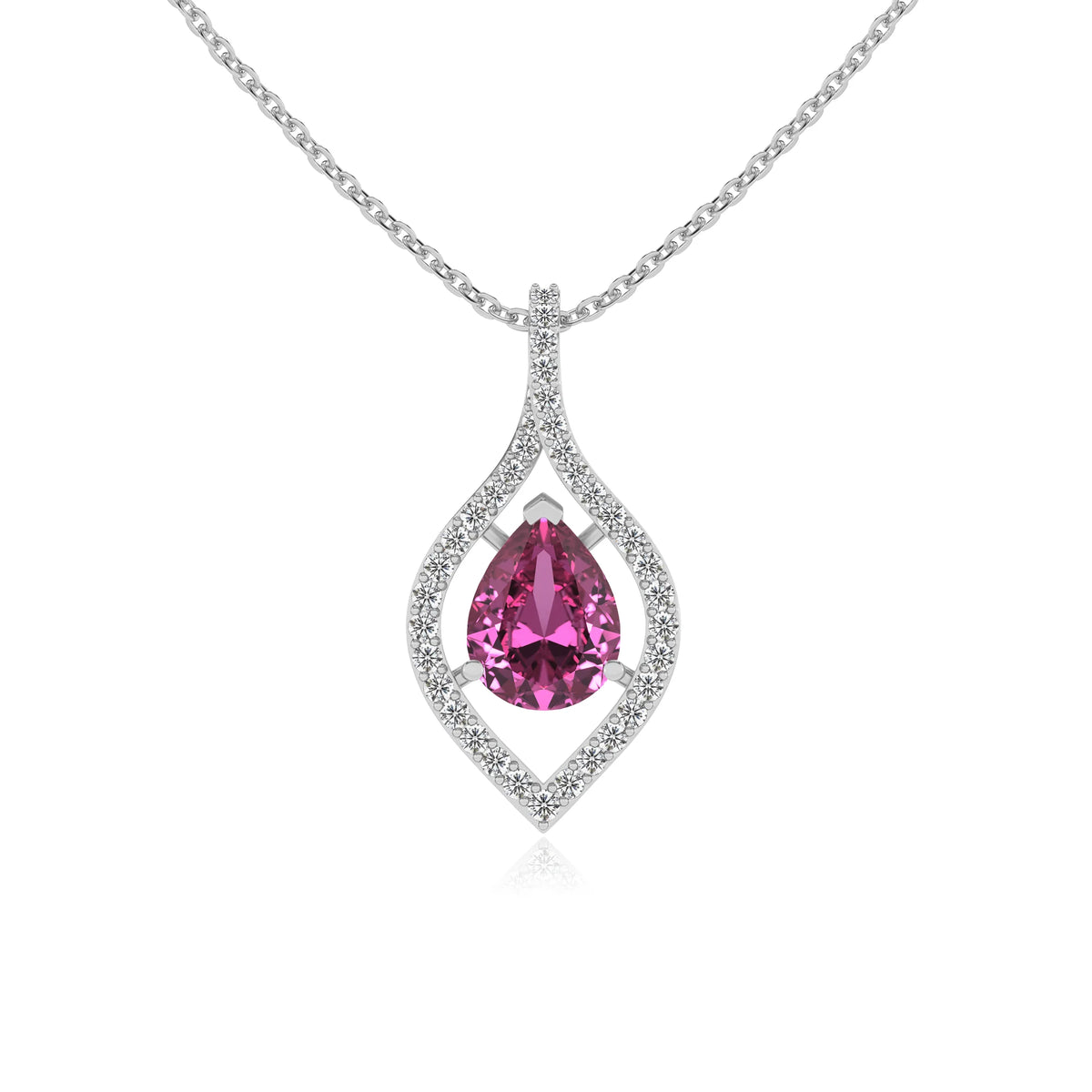 lab grown pink-sapphire pear infinity necklaces in white gold 