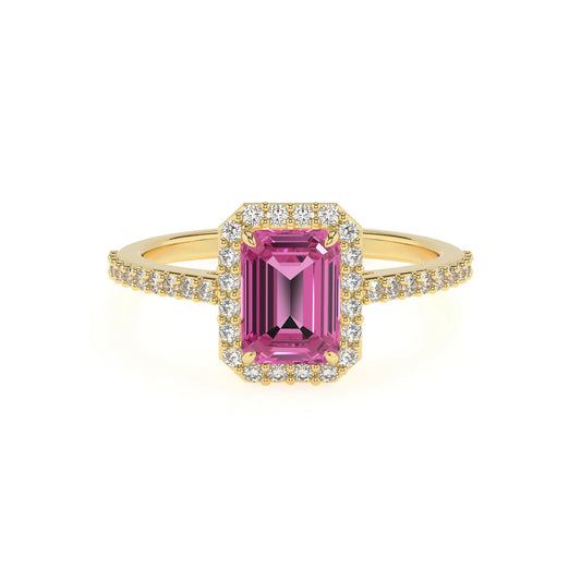 lab grown pink-tourmaline emerald cut solitaire rings in yellow gold 