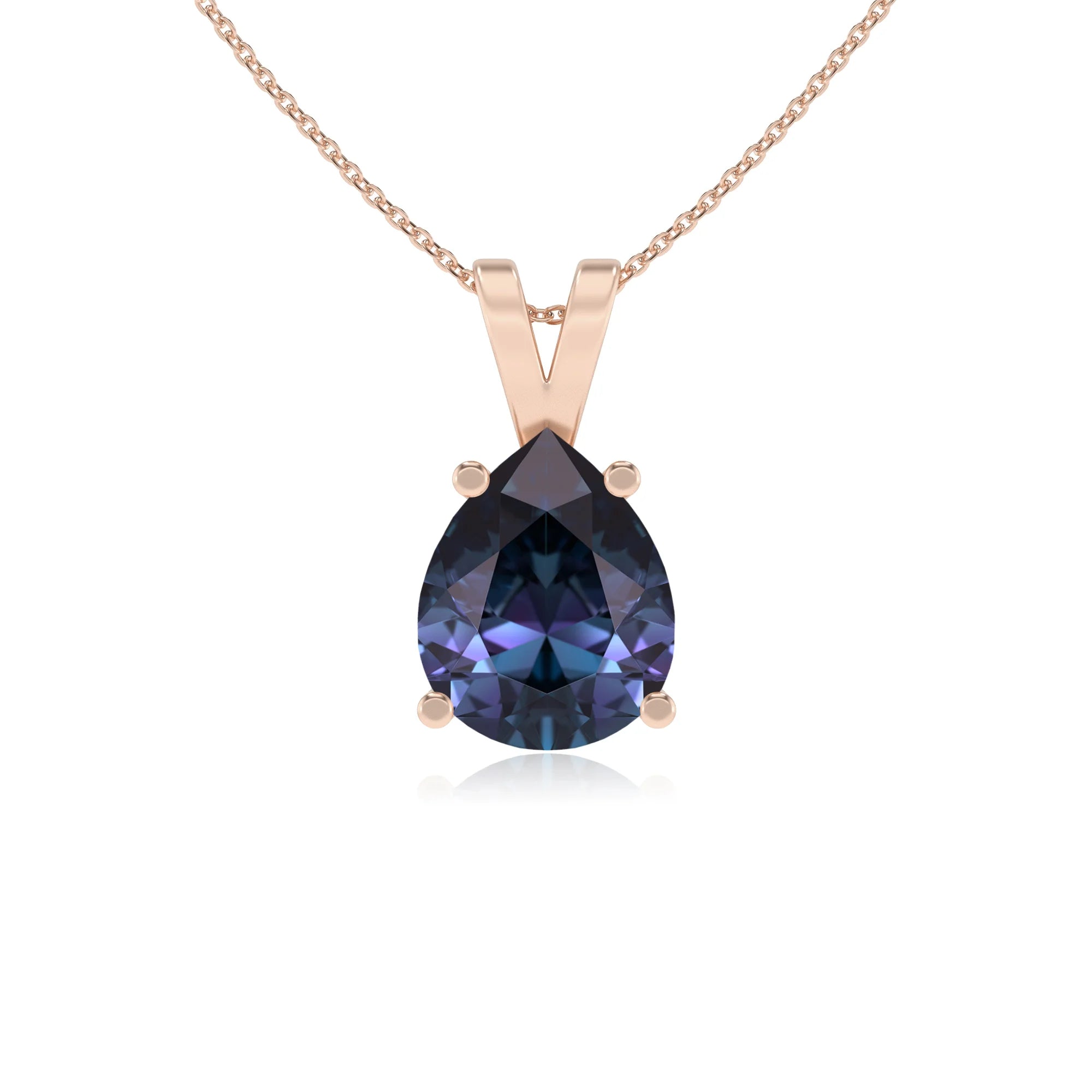 lab grown alexandrite pear solitaire v-bale necklaces in rose gold 