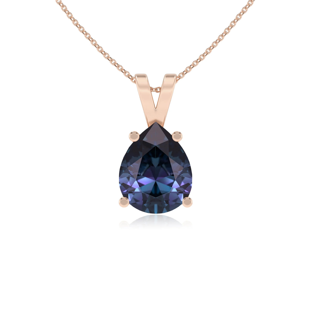 lab grown alexandrite pear solitaire v-bale necklaces in rose gold 
