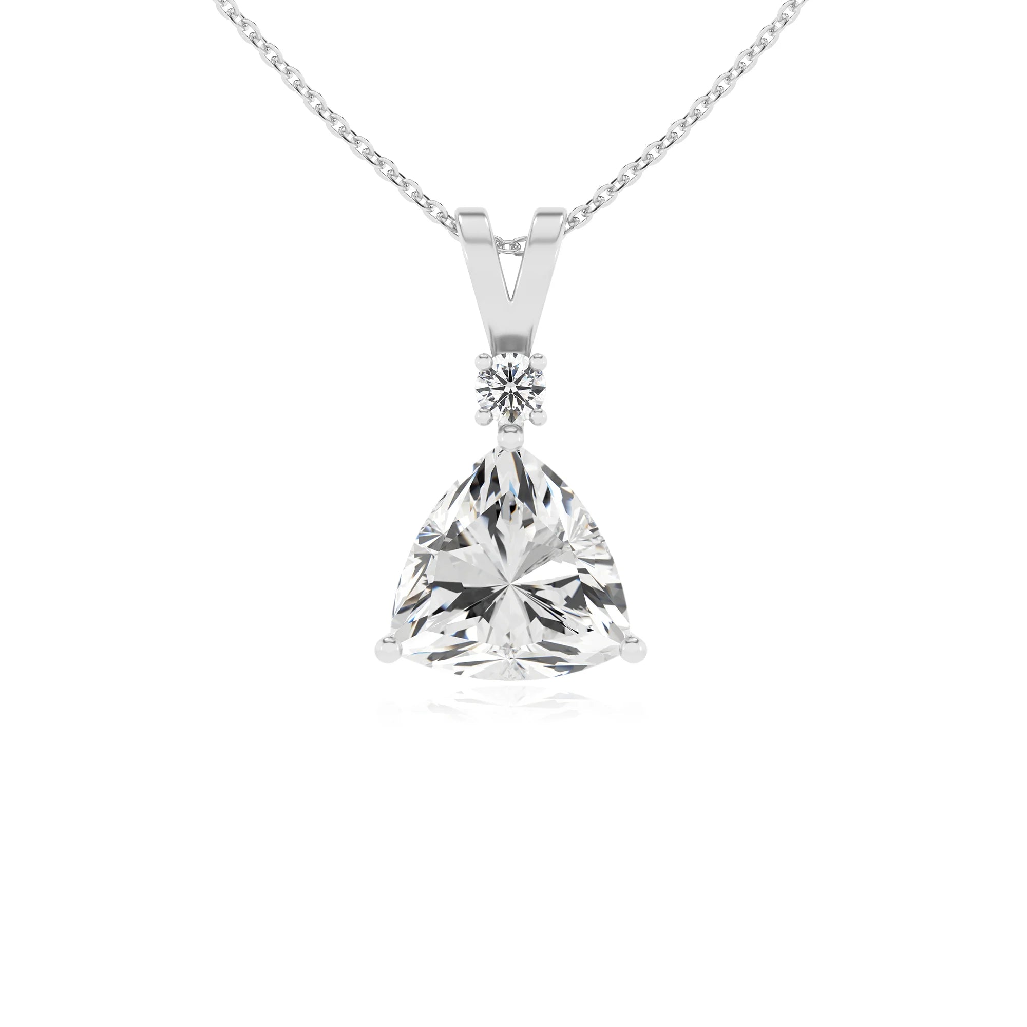 lab grown moissanite trillion solitaire v-bale necklaces in platinum 