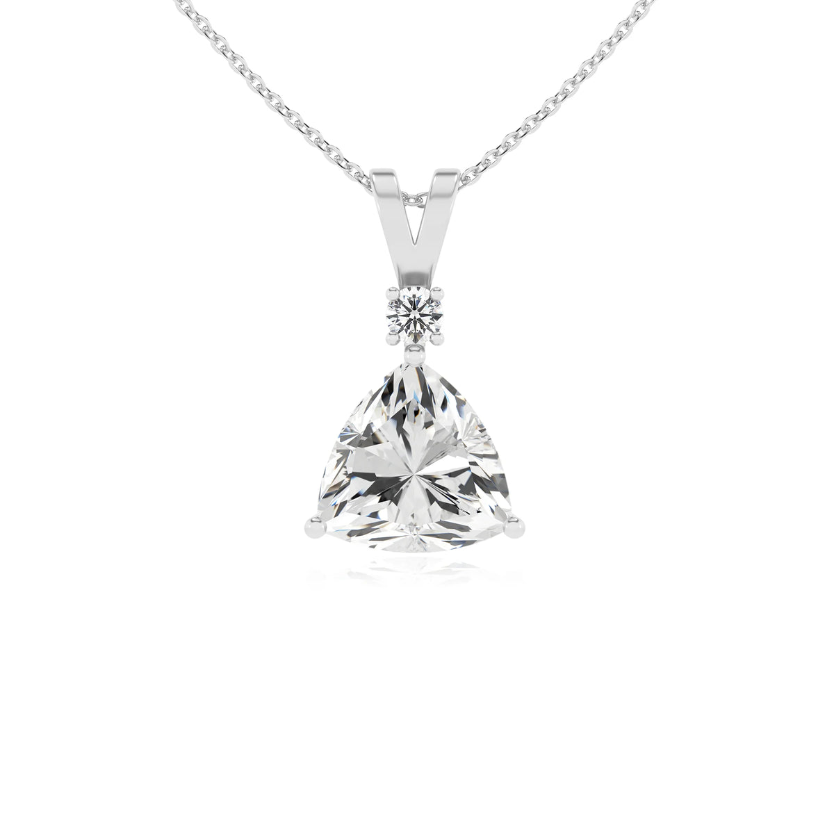lab grown moissanite trillion solitaire v-bale necklaces in platinum 