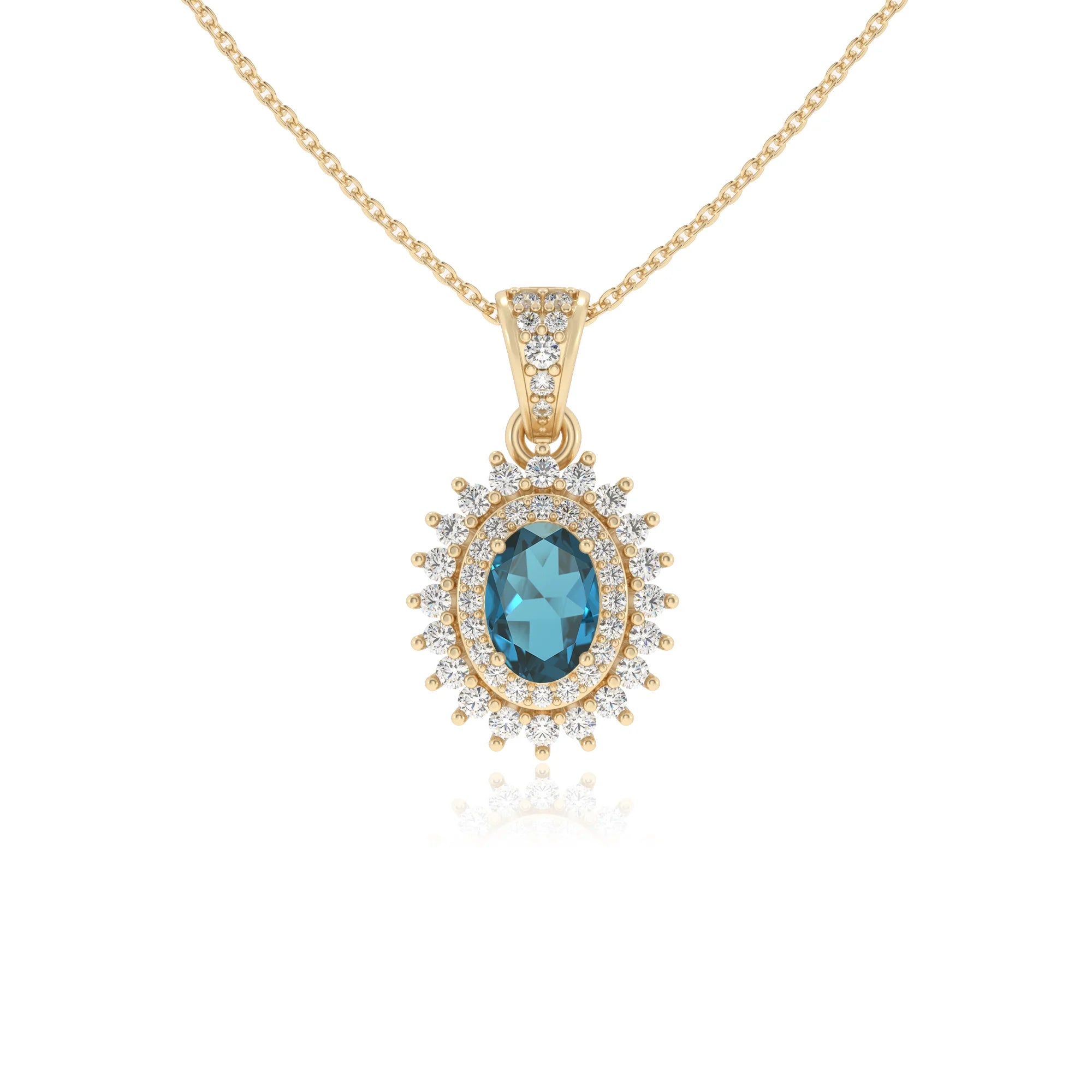 natural london-blue-topaz oval halo necklaces in yellow gold 