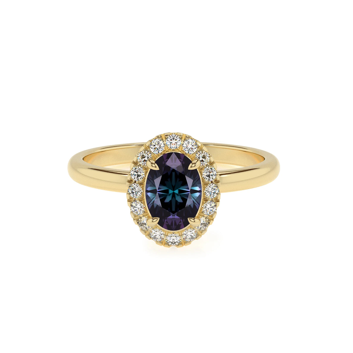 lab grown alexandrite oval solitaire rings in yellow gold 