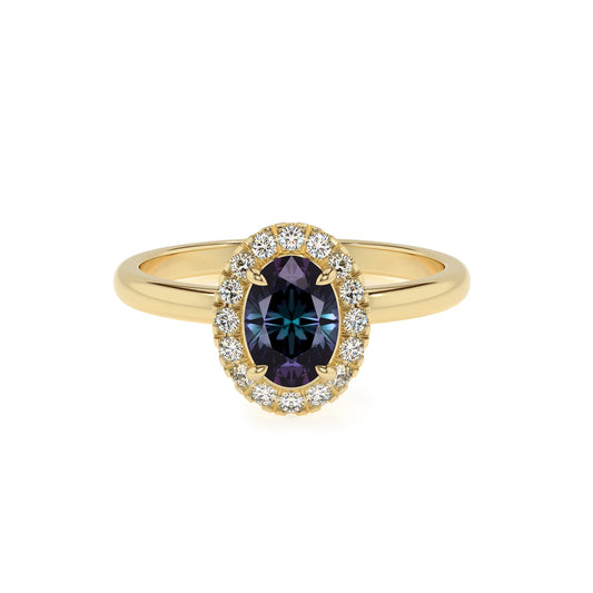lab grown alexandrite oval solitaire rings in yellow gold 