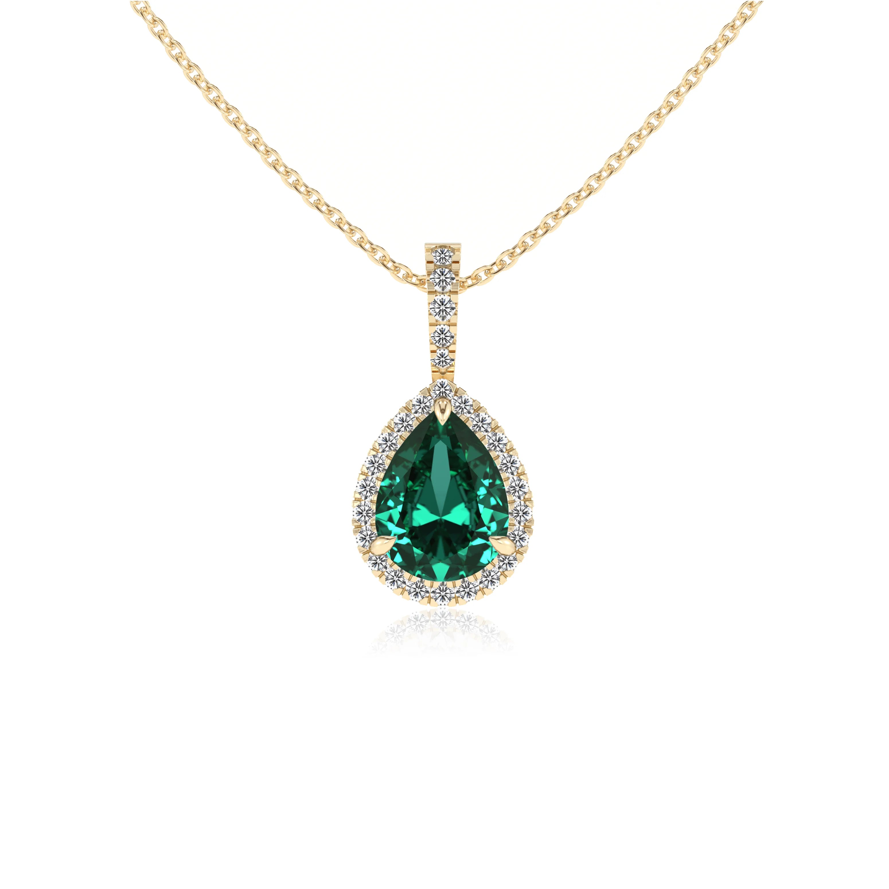 lab grown emerald pear solitaire necklaces in yellow gold 