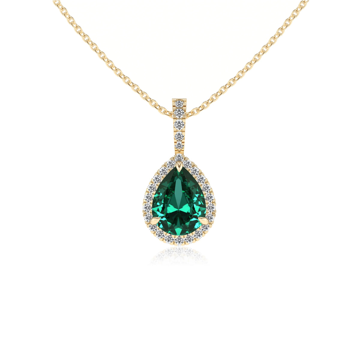 lab grown emerald pear solitaire necklaces in yellow gold 