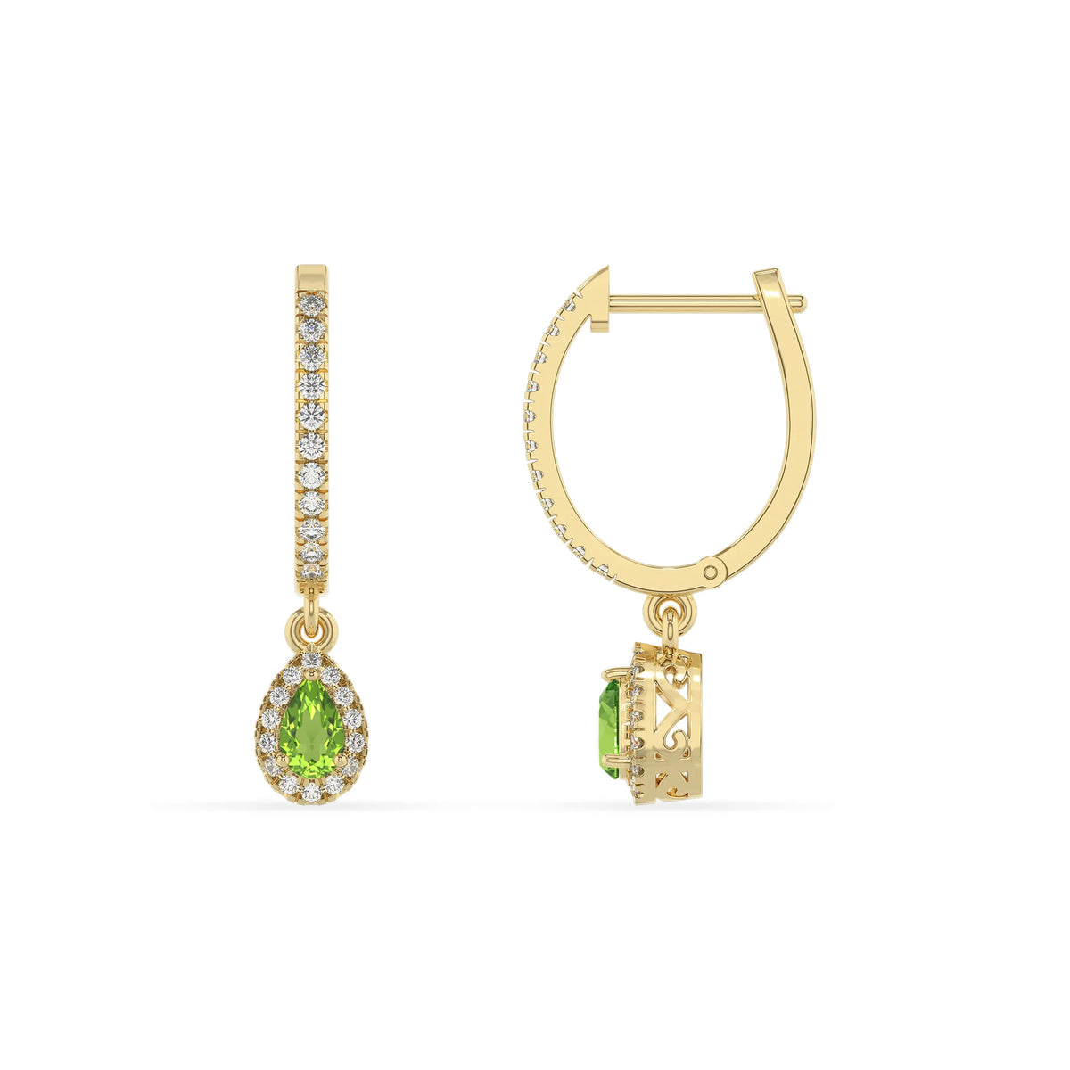 natural peridot pear drop earrings in yellow gold 