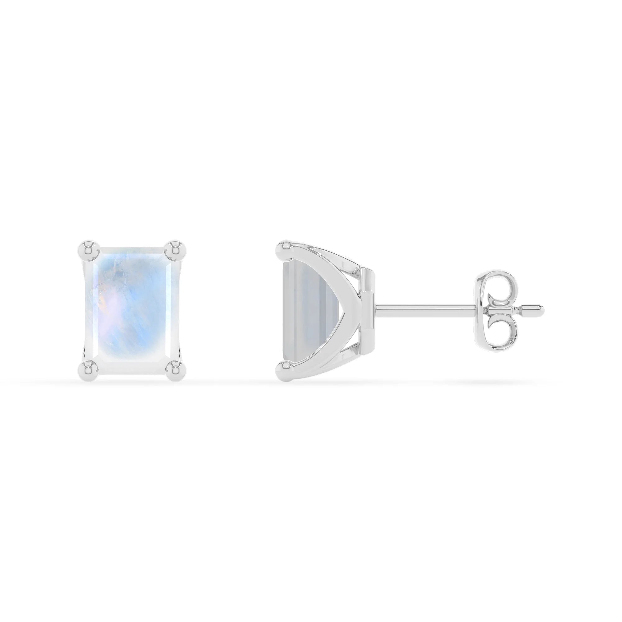natural rainbow moonstone emerald cut stud earrings in sterling silver 