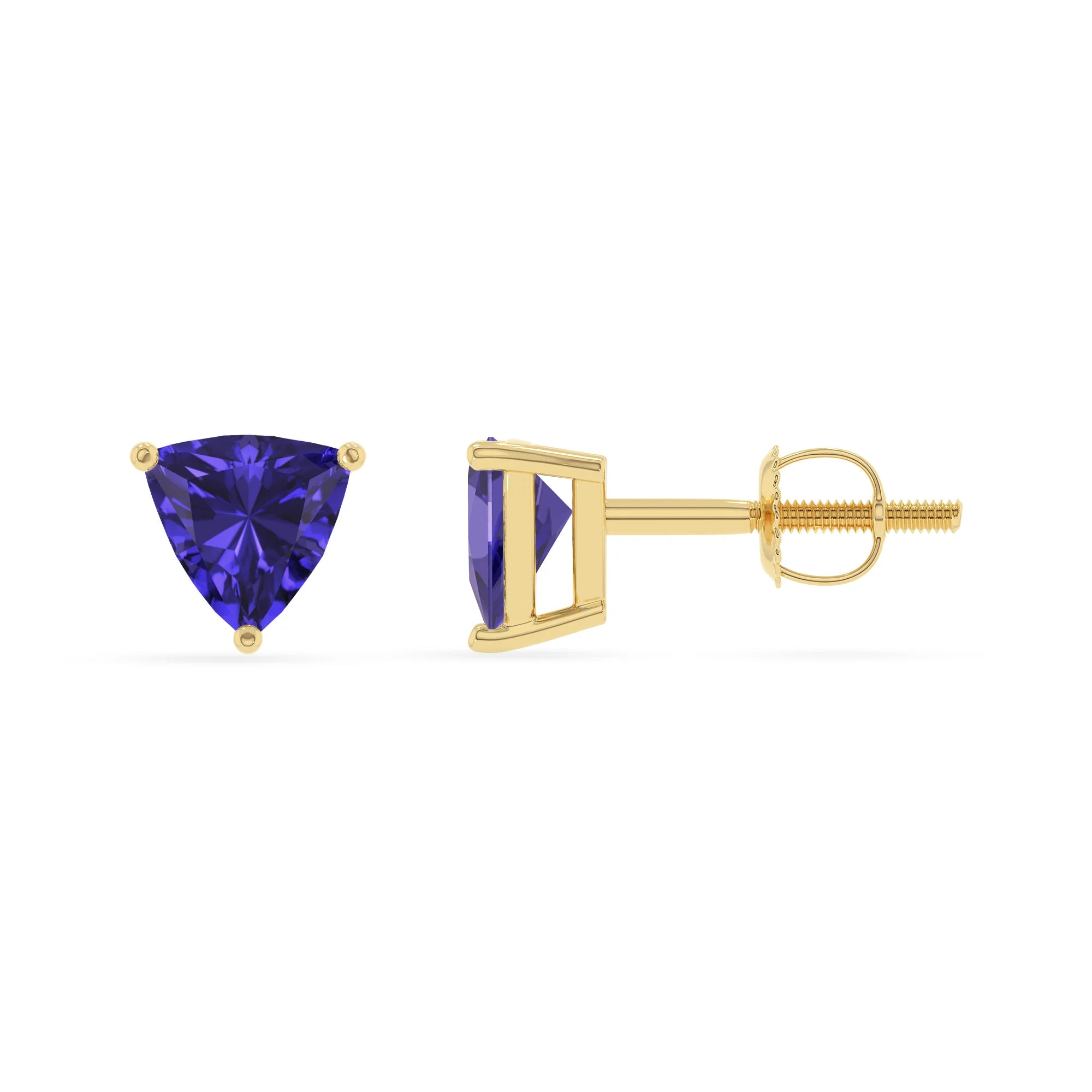 lab grown tanzanite trillion stud earrings in yellow gold 
