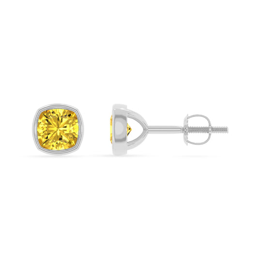 lab grown yellow sapphire cushion stud earrings in white gold 