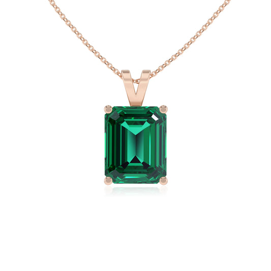 lab grown emerald octogon cut solitaire v-bale necklaces in rose gold 