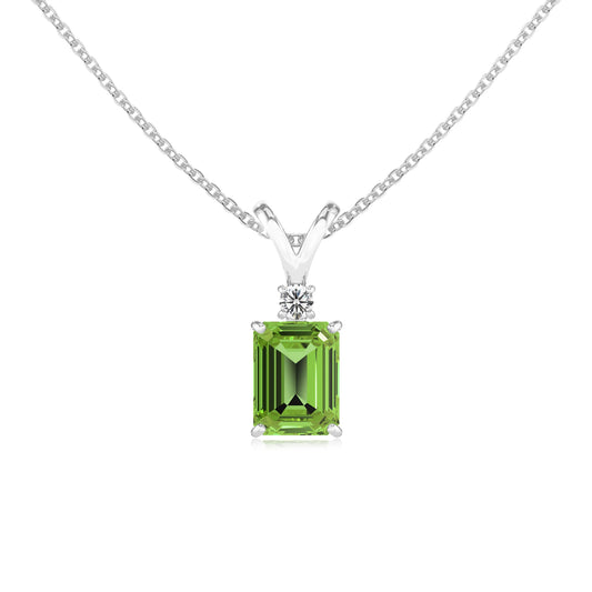 natural peridot emerald cut solitaire v-bale necklaces in white gold 