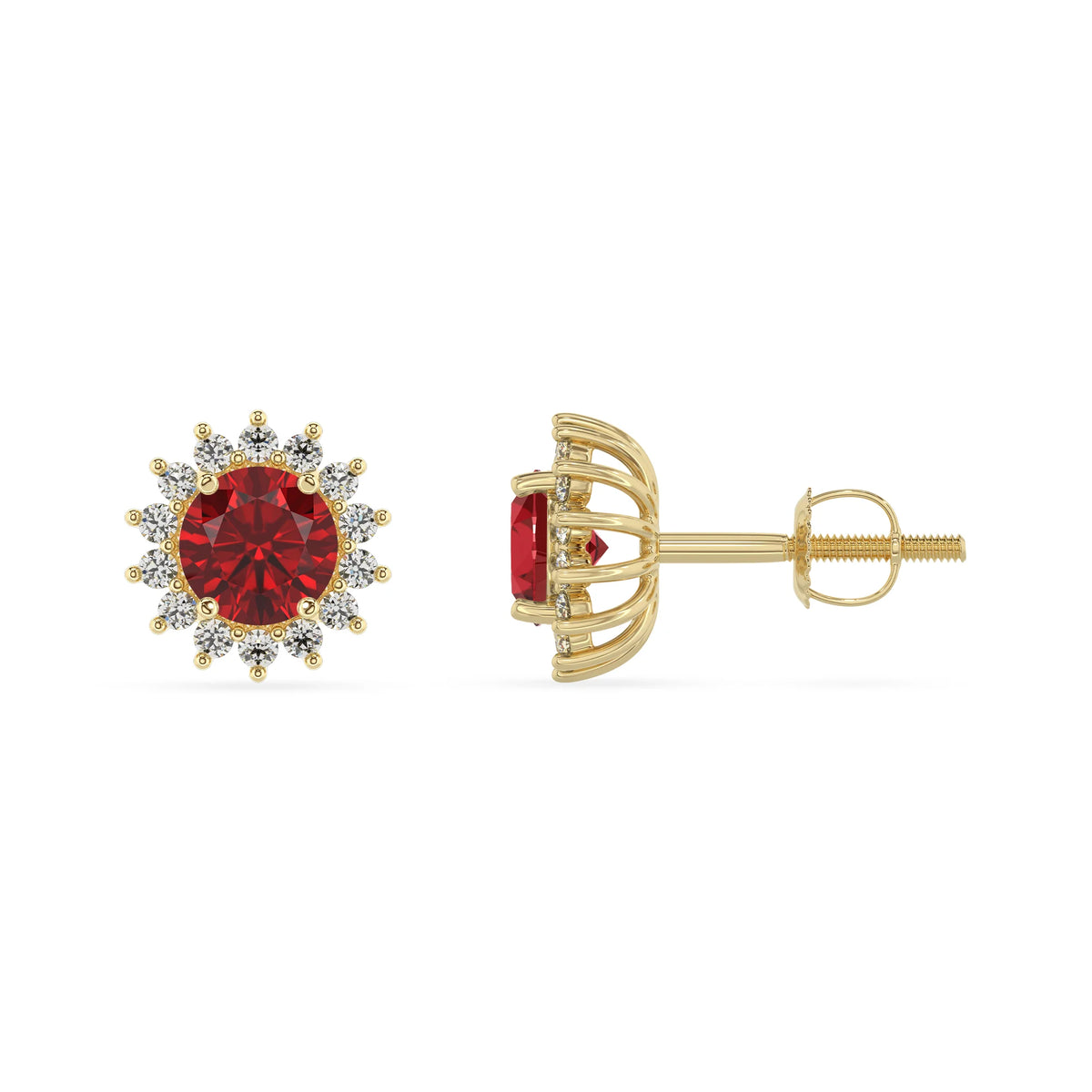 lab grown ruby round stud earrings in yellow gold 
