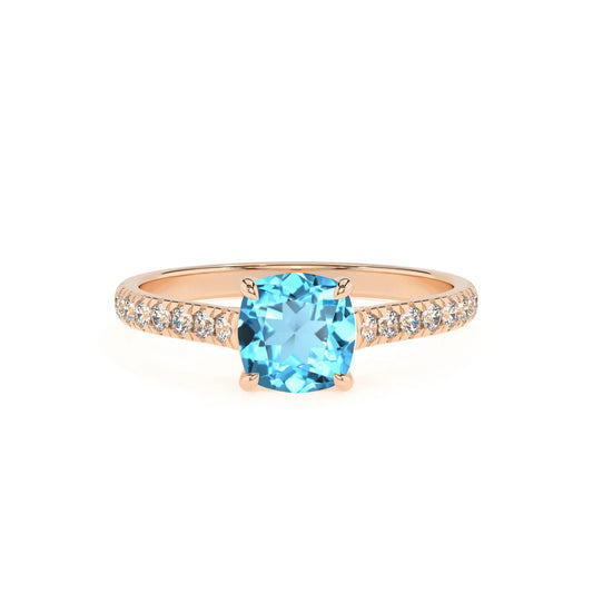 natural swiss-blue-topaz cushion half eternity solitaire engagement rings in rose gold 