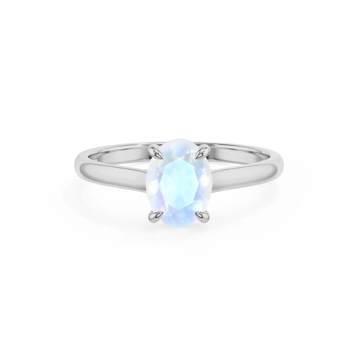 natural rainbow-moonstone oval solitaire rings in white gold 