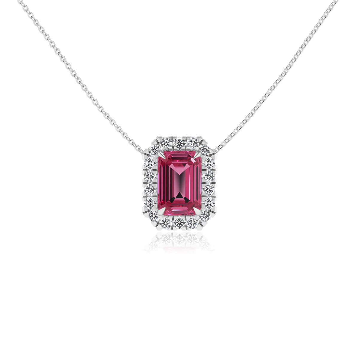 lab grown pink tourmaline emerald cut solitaire necklaces in platinum 