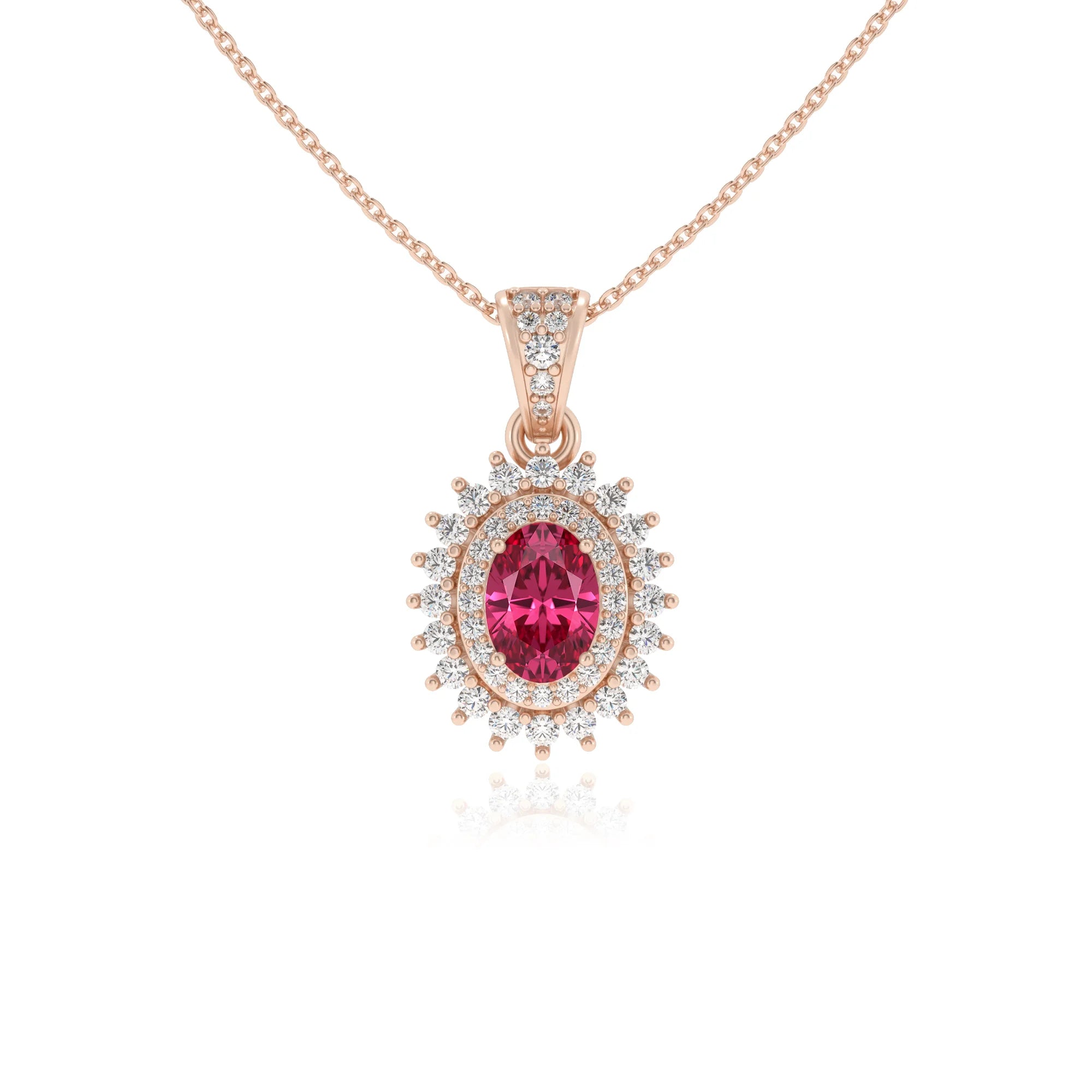 lab grown pink-tourmaline oval halo necklaces in rose gold 