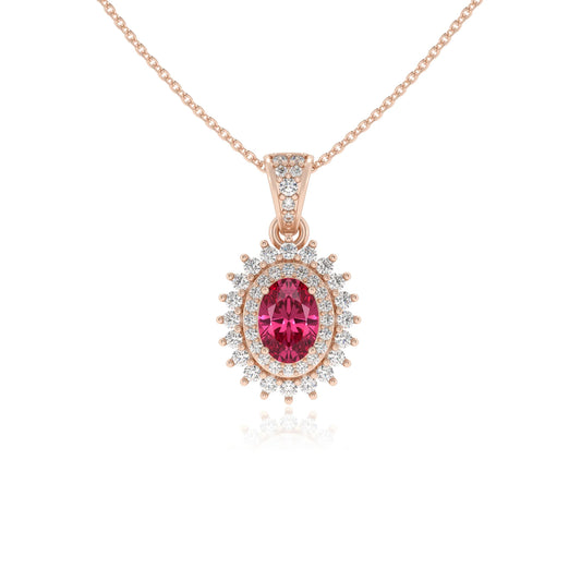 lab grown pink-tourmaline oval halo necklaces in rose gold 